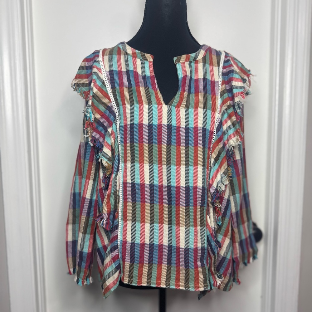 DRA Los Angeles Women’s Multicolor Plaid Peasant Shirt With Boho Fringe